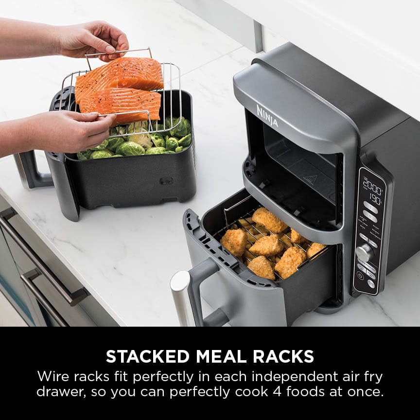 Ninja Double Stack XL Air Fryer, Vertical Dual Drawer AirFryer with 4 cooking levels, 2 Drawers and 2 Racks, Space Saving Design, 9.5L Capacity, 6 Cooking Functions, 8 Portions, Grey SL400UK