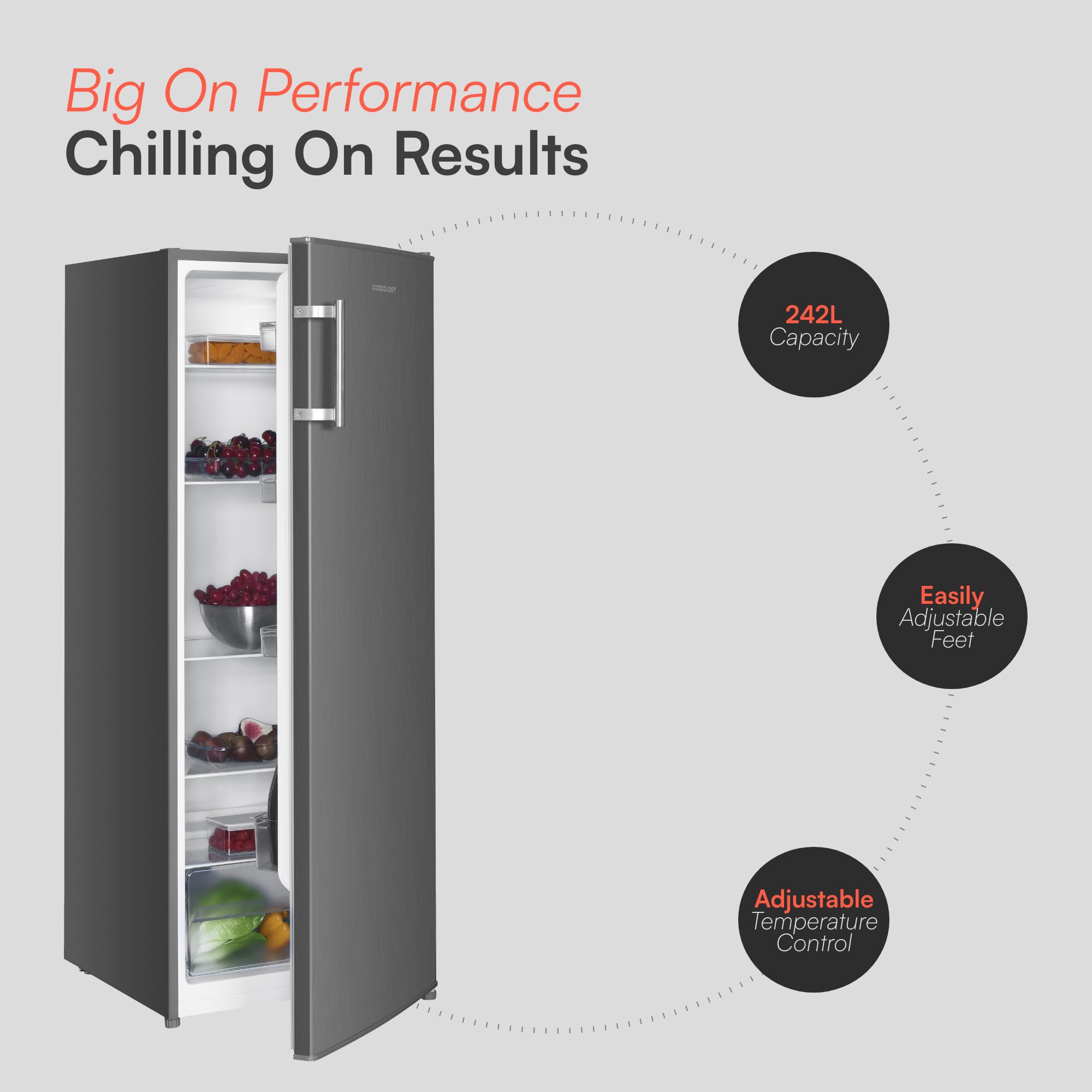 Cookology CTFR240IX Tall Freestanding Larder Fridge 240 Litre, 143cm High and 55cm