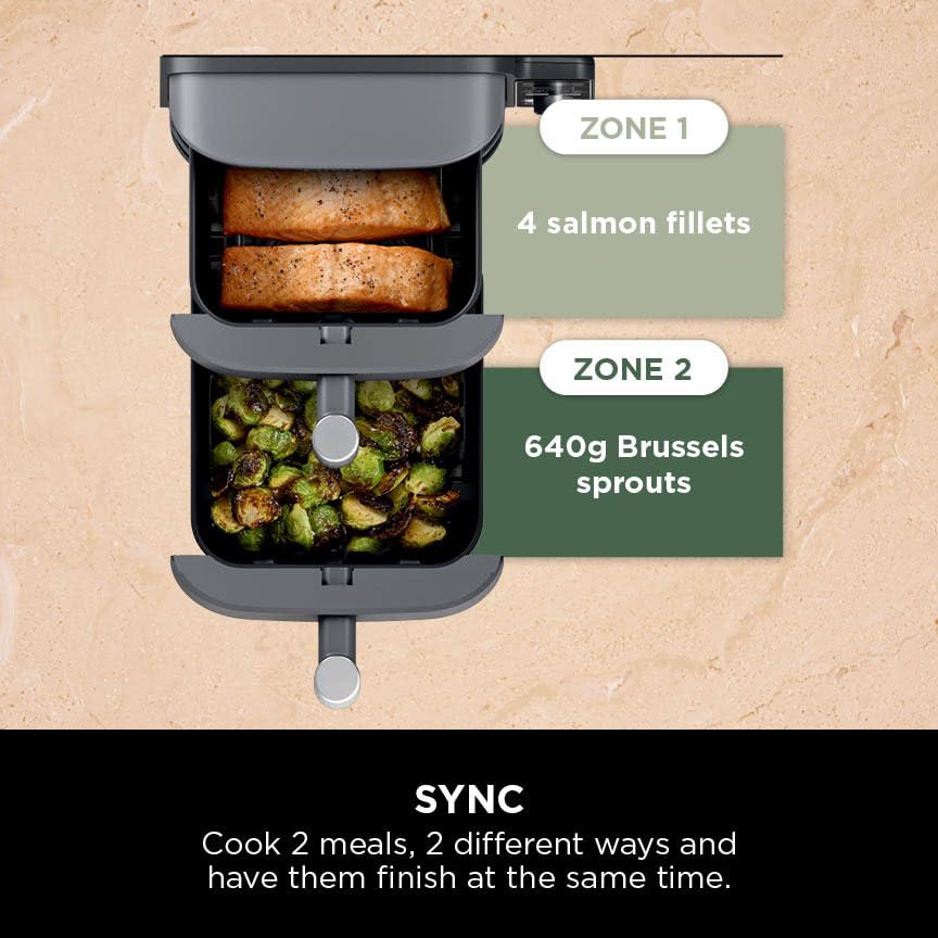 Ninja Double Stack XL Air Fryer, Vertical Dual Drawer AirFryer with 4 cooking levels, 2 Drawers and 2 Racks, Space Saving Design, 9.5L Capacity, 6 Cooking Functions, 8 Portions, Grey SL400UK